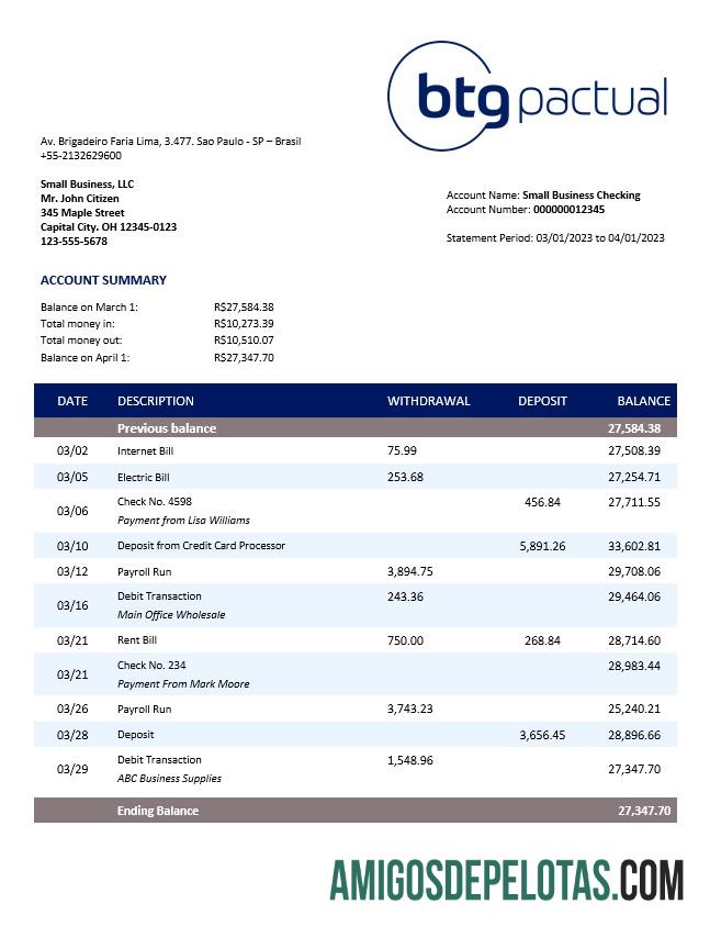Imprimível BTG Pactual Bank Business Checking modelo de extrato de conta Word e PDF